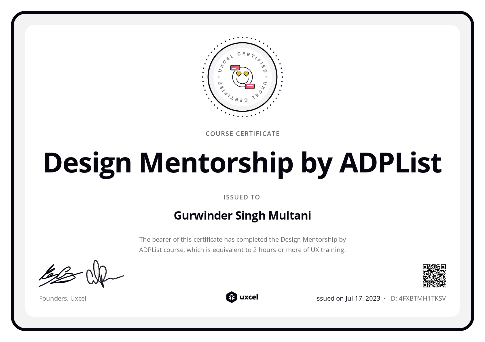 Gurwinder Singh Multani's certificate
